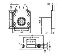 Armstrong Mortise Lock Housing. Ø19mm x 22mm Barrel Length. Incl. Rosette and Striker Plate.