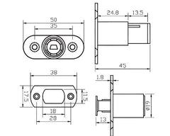 Armstrong Sliding Door Push Lock Housing. Ø19mm x 24.8mm Barrel Length. Incl. Rosette and Striker Plate.