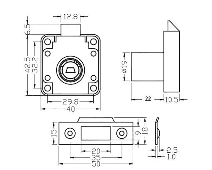 Armstrong Slam Lock Housing. Ø19mm x 22mm Barrel Length. Incl. Rosette and Striker Plate.